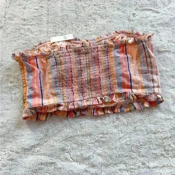 Anthropologie Pilcro Rainbow Pink Strapless Smocked Crop Top size L - Picture 4 of 7